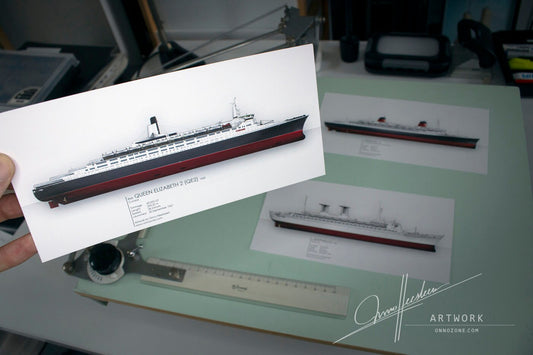 Superliner trio: SS Raffaello 1965 + SS France 1962 + RMS Queen Elizabeth 2 | 3 prints | 21x10 cm | Limited Edition