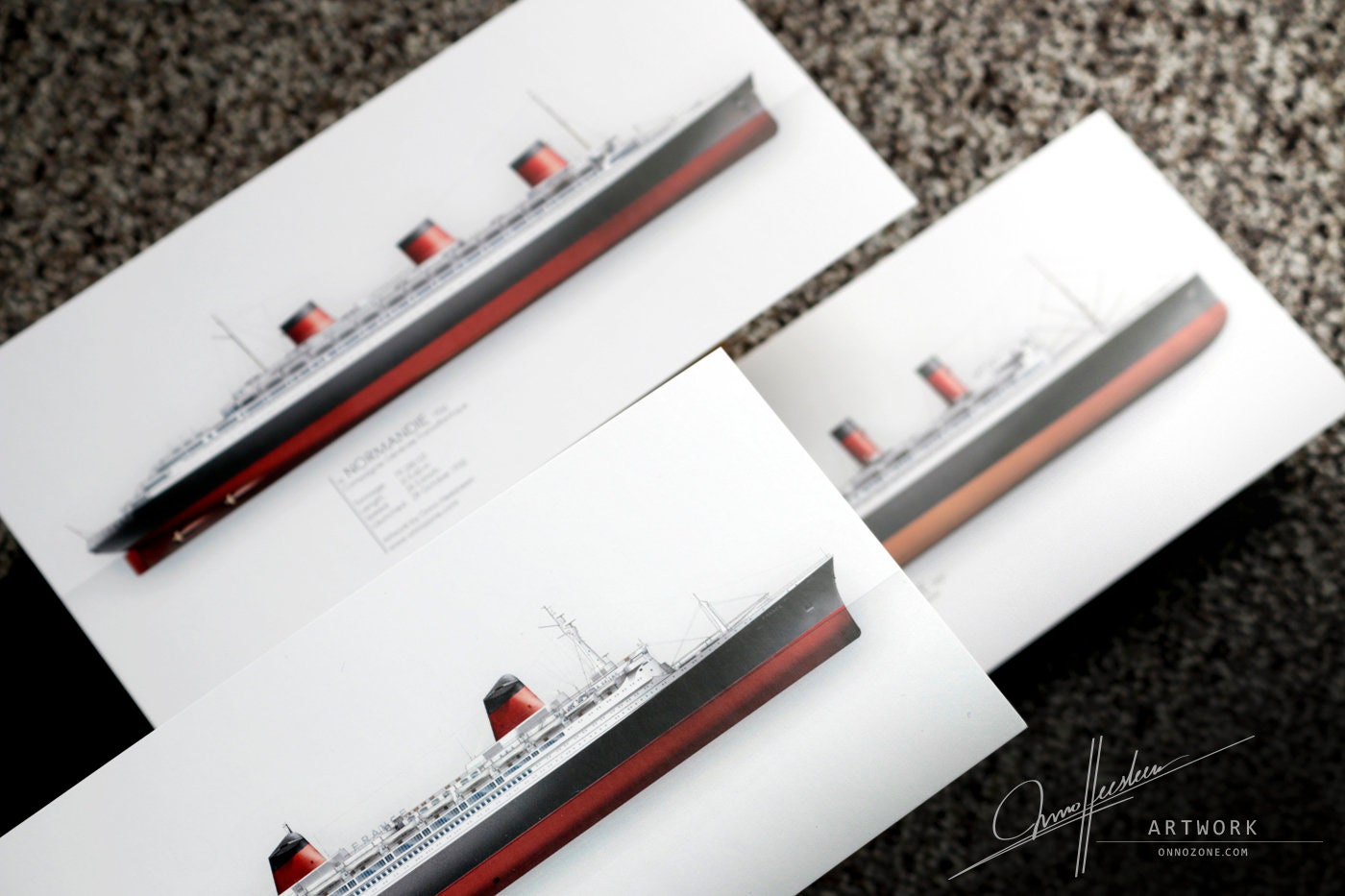French trio: SS Ile-de-France 1927 + SS Normandie 1935 + SS France 1962 | 3 prints | 21x10 cm | Limited Edition