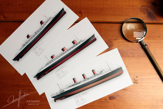 French trio: SS Ile-de-France 1927 + SS Normandie 1935 + SS France 1962 | 3 prints | 21x10 cm | Limited Edition
