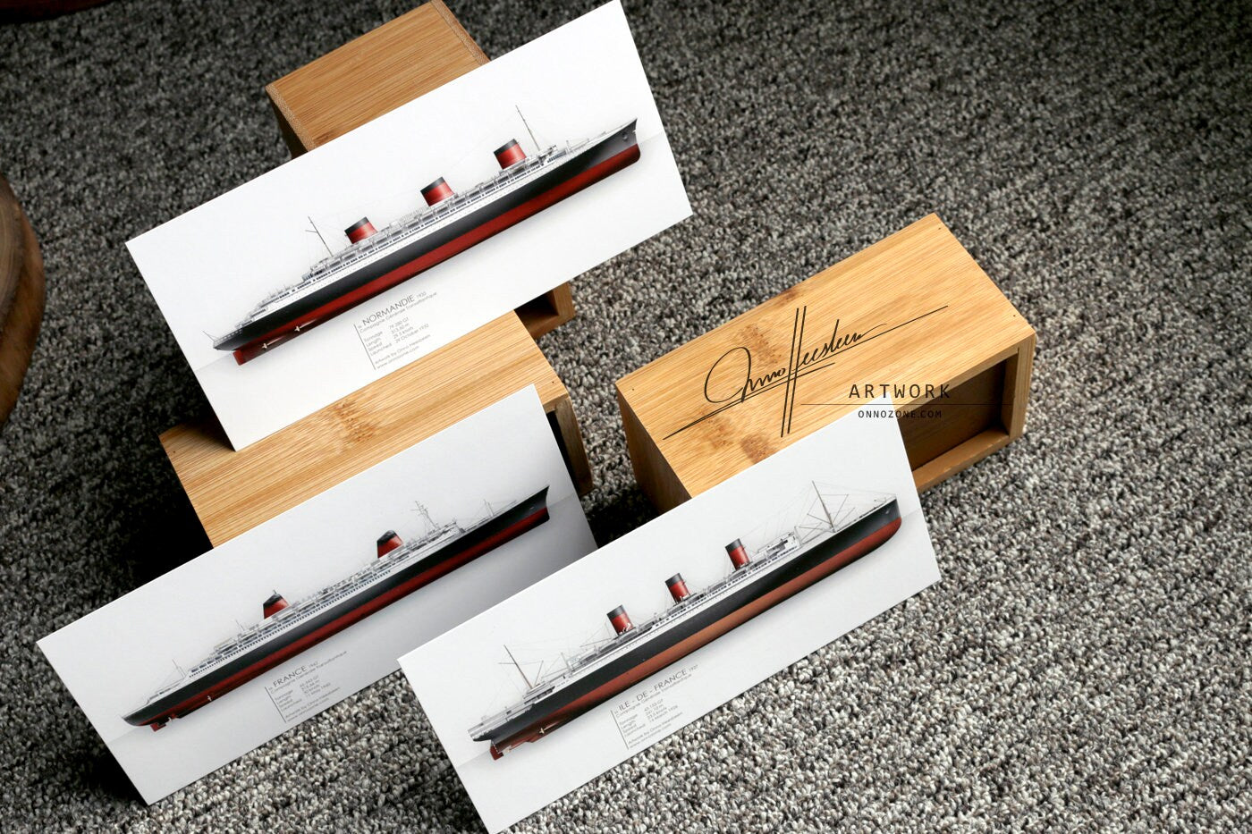 French trio: SS Ile-de-France 1927 + SS Normandie 1935 + SS France 1962 | 3 prints | 21x10 cm | Limited Edition