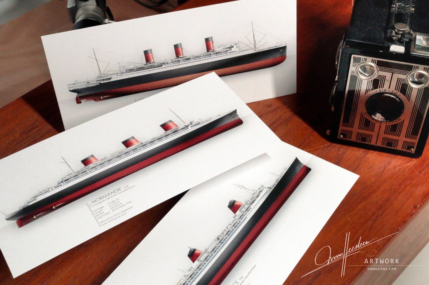 French trio: SS Ile-de-France 1927 + SS Normandie 1935 + SS France 1962 | 3 prints | 21x10 cm | Limited Edition