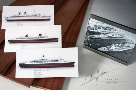 Superliner trio: SS Raffaello 1965 + SS France 1962 + RMS Queen Elizabeth 2 | 3 prints | 21x10 cm | Limited Edition